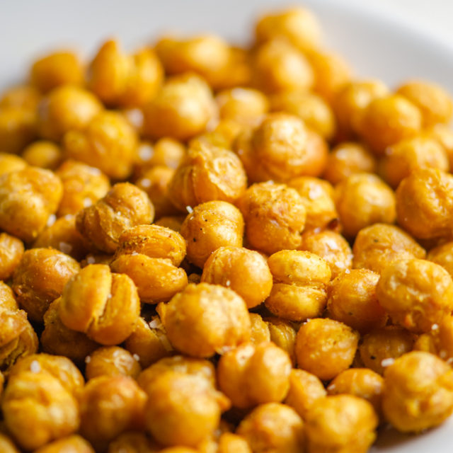 Close up photo of fried chickpeas.