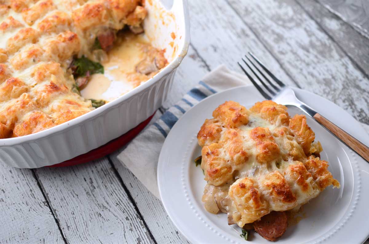 Andouille And Chard Tater Tot Casserole Lifes Ambrosia