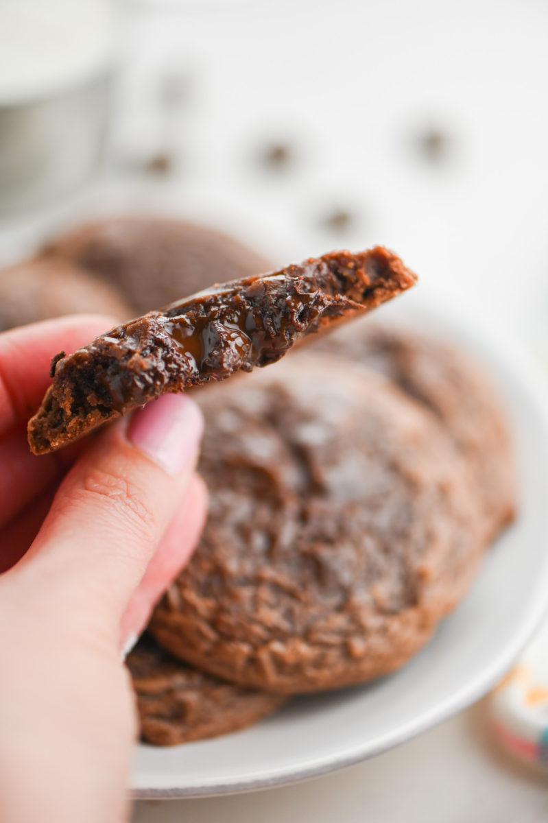 Hand holding half of a brownie cookie. 