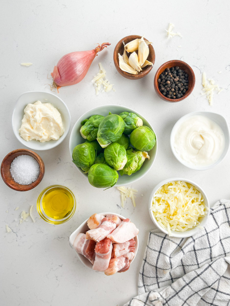 Brussles sprouts dip ingredients on white background. 