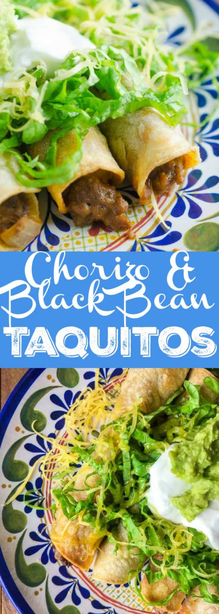 Chorizo Black Bean Taquitos er sprø ovnsbakt taquitos fylt med chorizo, svarte bønner og pepper jack ost.