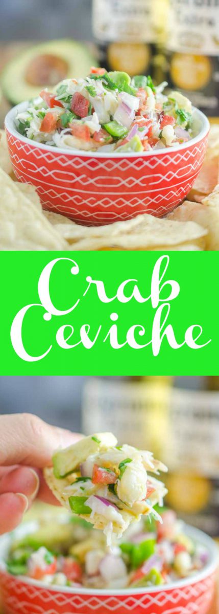  Crab ceviche je zábavný twist na klasiku! Směs Dungeness kraba, rajčata, serrano papriky, cibule, citron, limetka, koriandr a avokádo. Je to jako sluníčko v misce. 