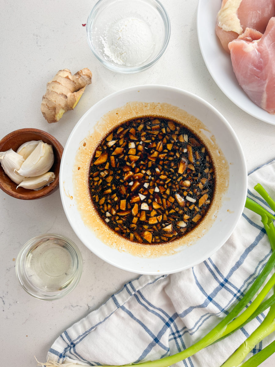 chicken teriyaki sauce ingredients in white bowl.