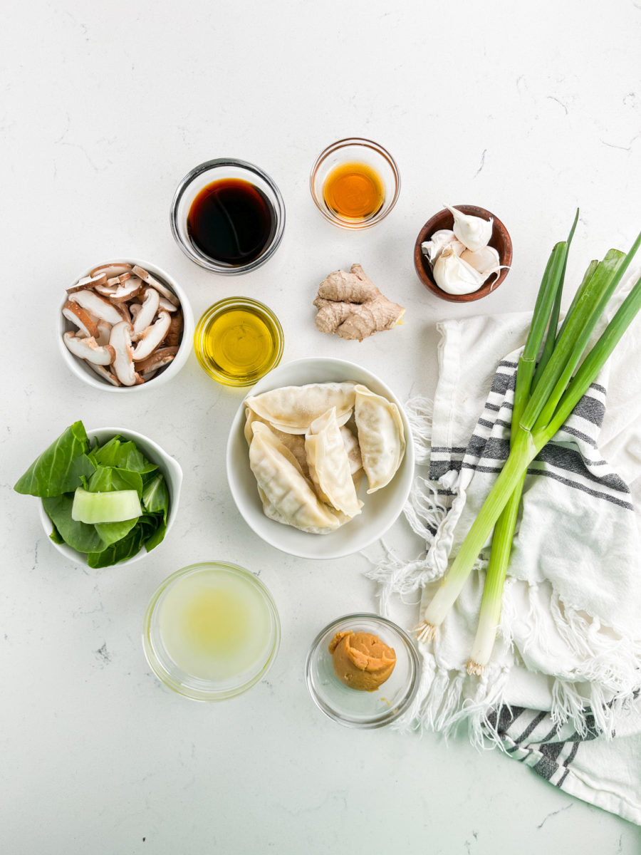 Potsticker Soup ingredients on white background. 