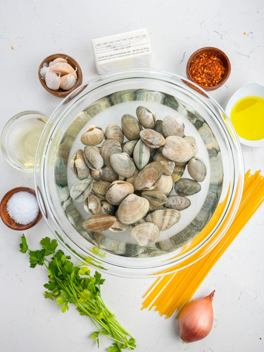 Clams in bowl of water. 