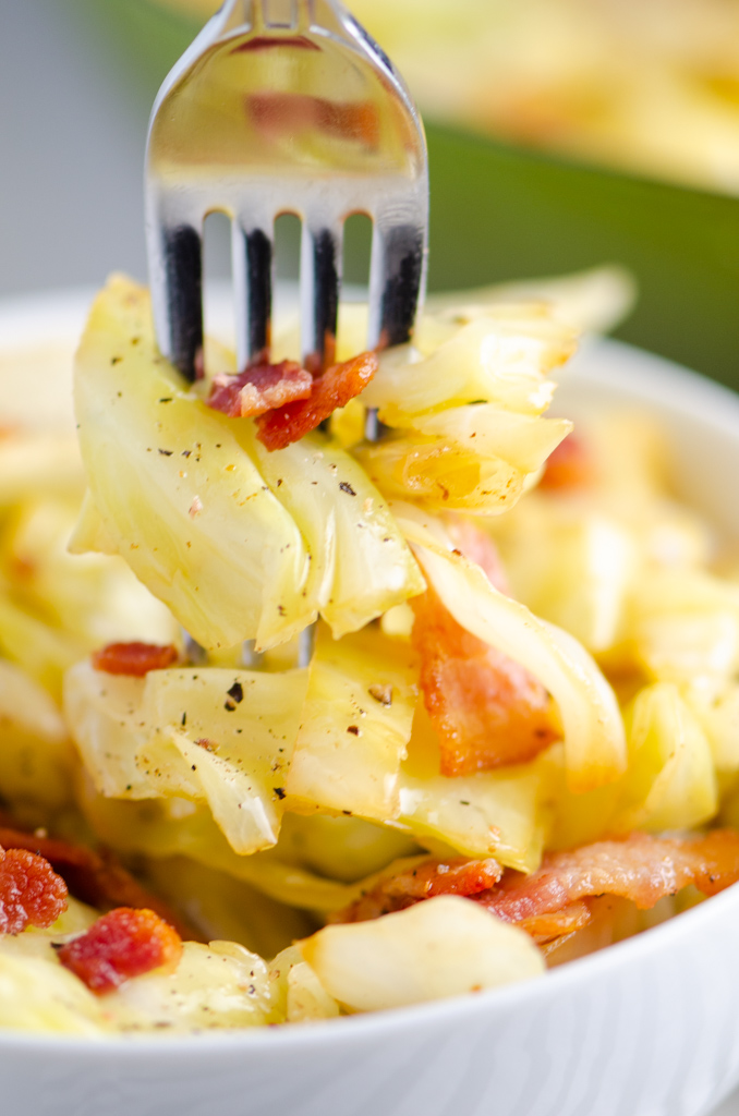 A forkful of fried cabbage.